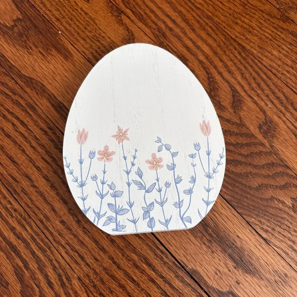 Floral Egg Wooden Holiday Table Decor - White with Blue and Pink Flowers